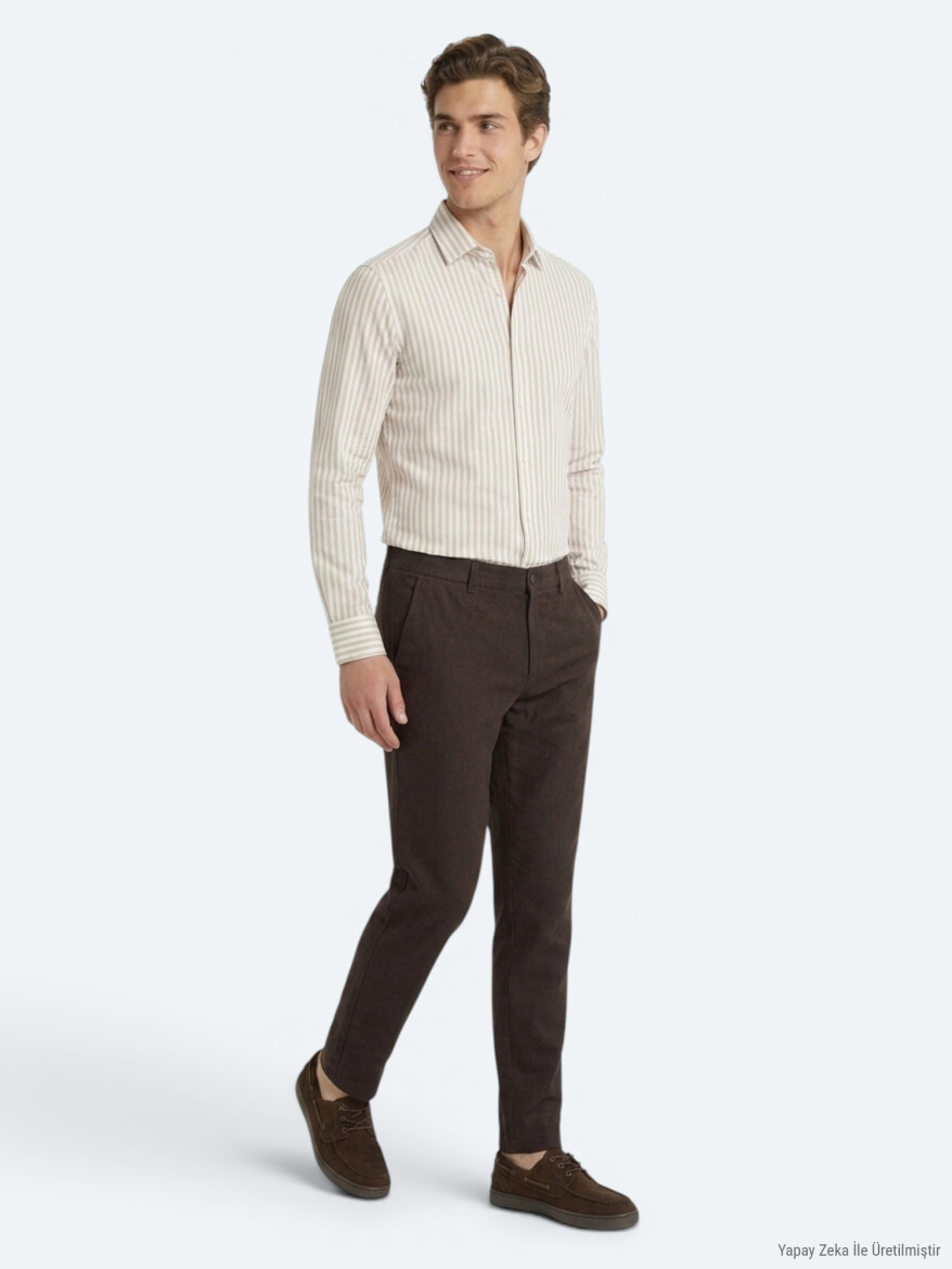 Kahverengi Dokuma Relaxed Fit Casual Pamuk Karışımlı Pantolon - 4