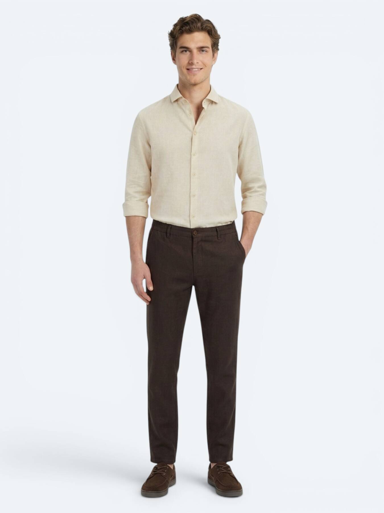 Kahverengi Dokuma Relaxed Fit Casual Pamuk Karışımlı Pantolon