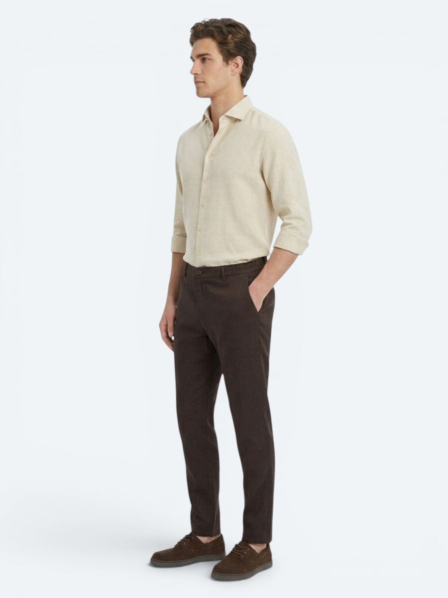 Kahverengi Dokuma Relaxed Fit Casual Pamuk Karışımlı Pantolon - 2
