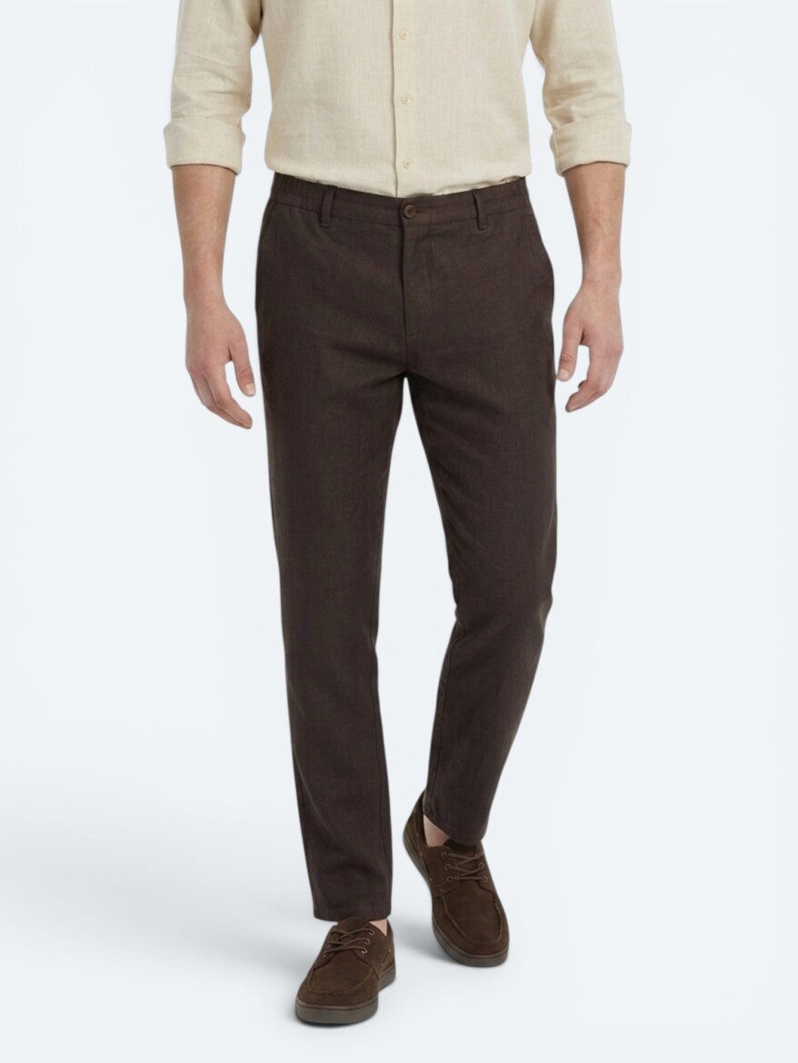 Kahverengi Dokuma Relaxed Fit Casual Pamuk Karışımlı Pantolon - 3