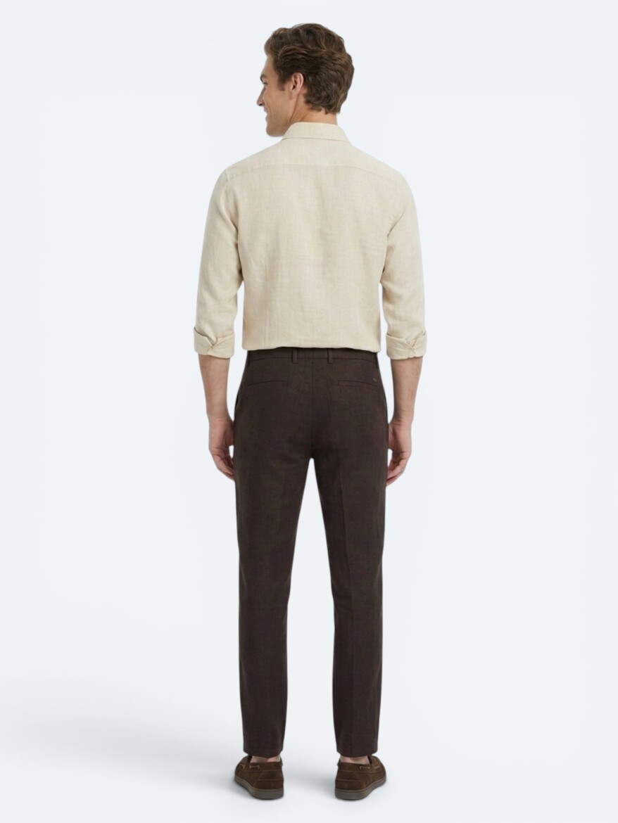Kahverengi Dokuma Relaxed Fit Casual Pamuk Karışımlı Pantolon - 5