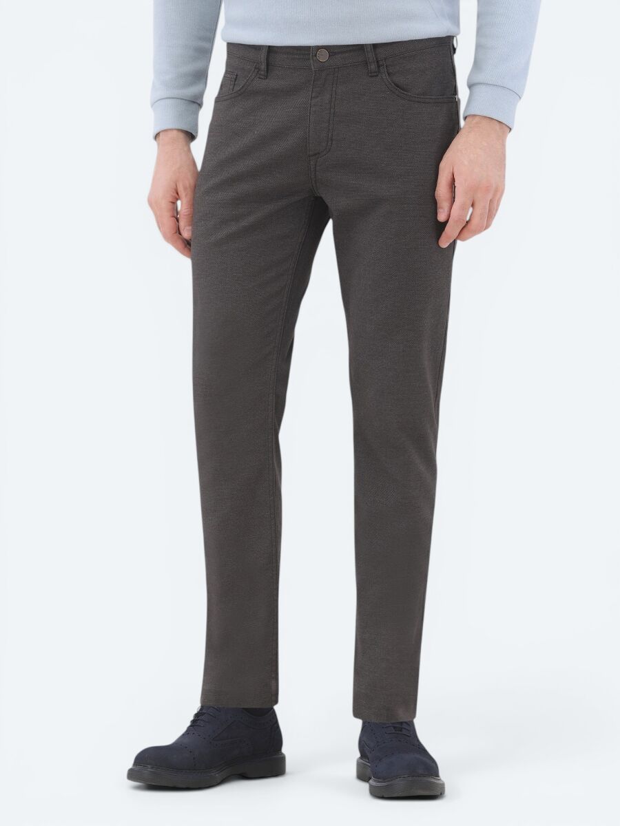 Kahverengi Dokuma Slim Fit Casual Pamuk Karışımlı Pantolon - 2