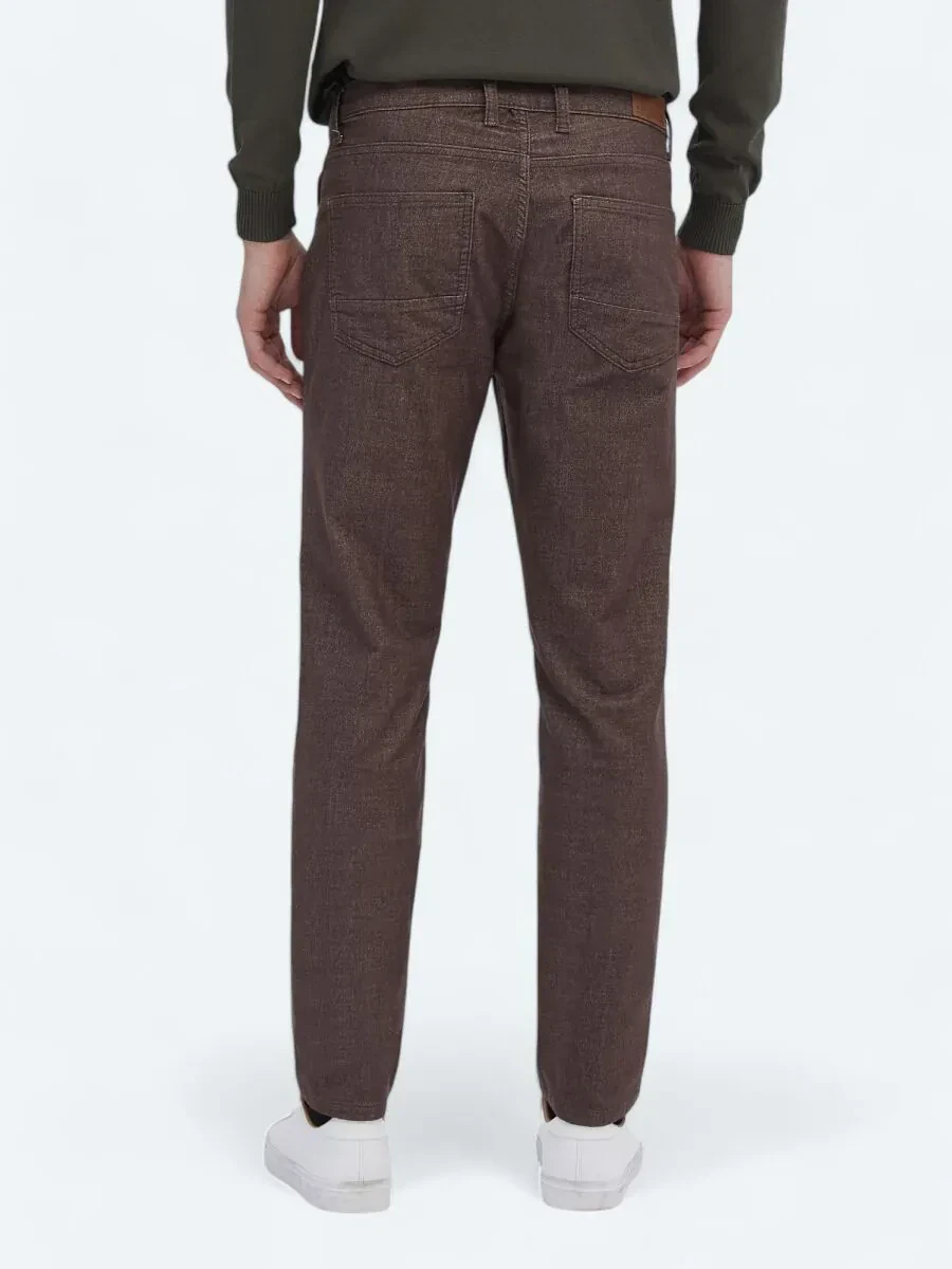 Kahverengi Dokuma Slim Fit Casual Pamuk Karışımlı Pantolon - 4