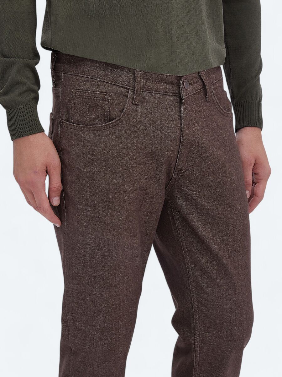 Kahverengi Dokuma Slim Fit Casual Pamuk Karışımlı Pantolon - 3