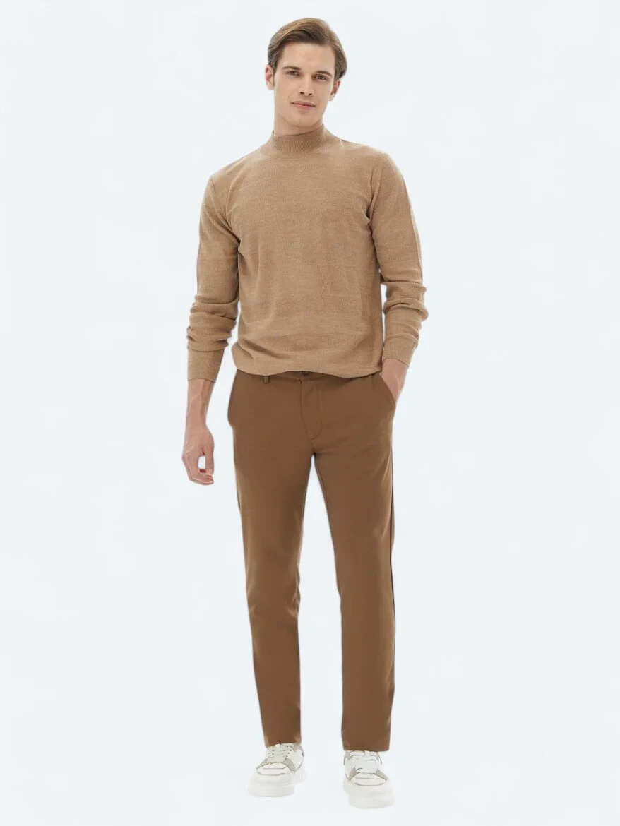 Kahverengi Dokuma Slim Fit Casual Pantolon - 1