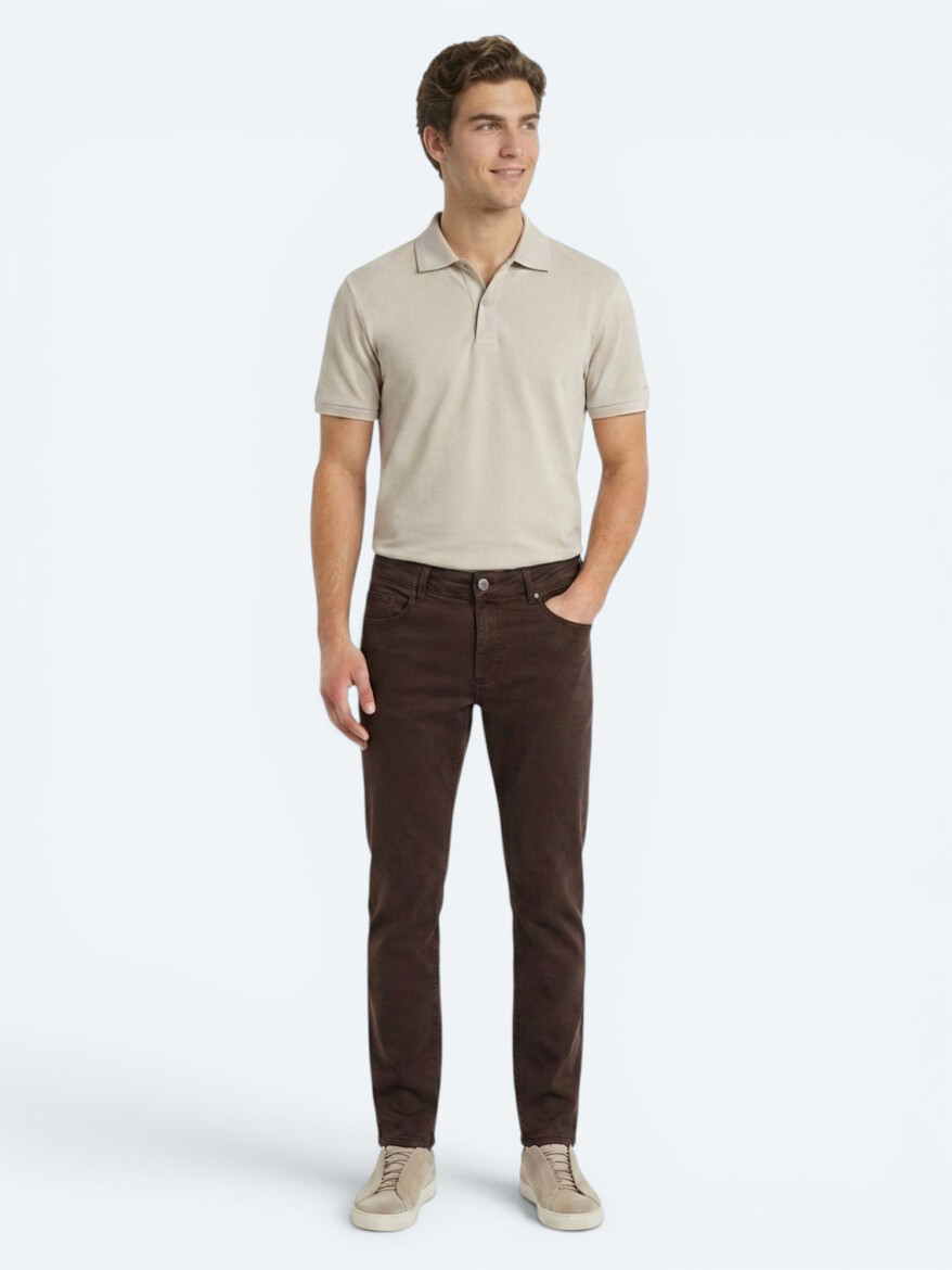 Kahverengi Dokuma Slim Fit Spor Pamuk Karışımlı Pantolon - KİP