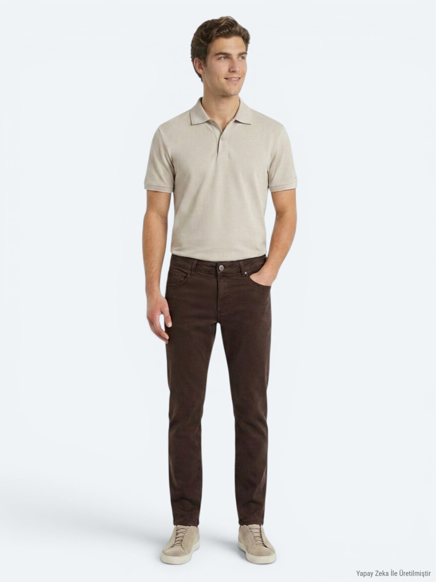 Kahverengi Dokuma Slim Fit Spor Pamuk Karışımlı Pantolon - KİP