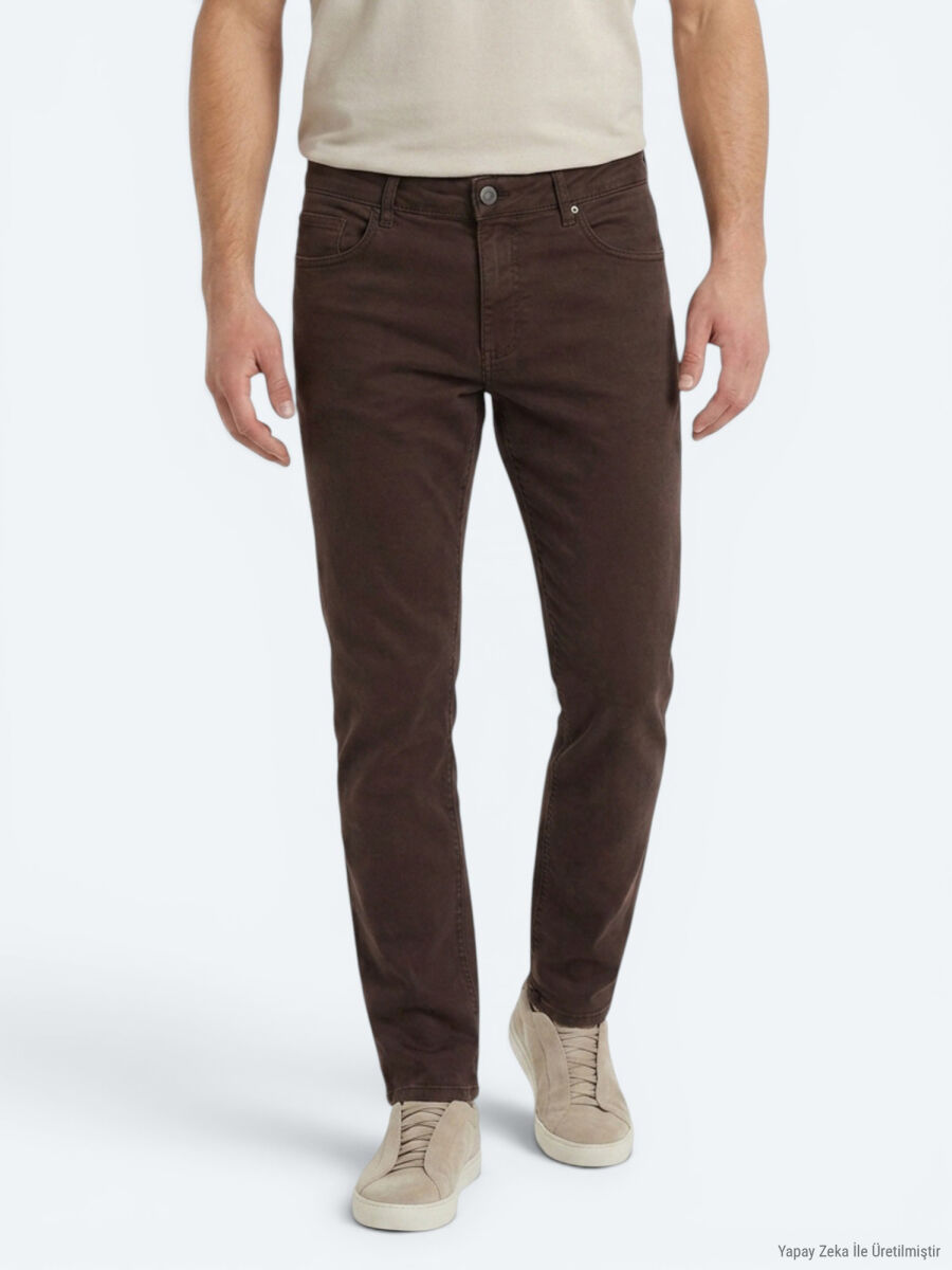 Kahverengi Dokuma Slim Fit Spor Pamuk Karışımlı Pantolon - 2