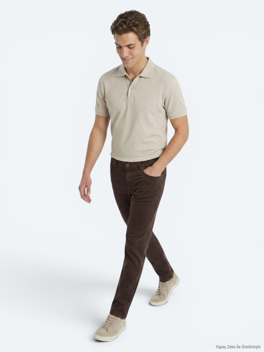 Kahverengi Dokuma Slim Fit Spor Pamuk Karışımlı Pantolon - 3