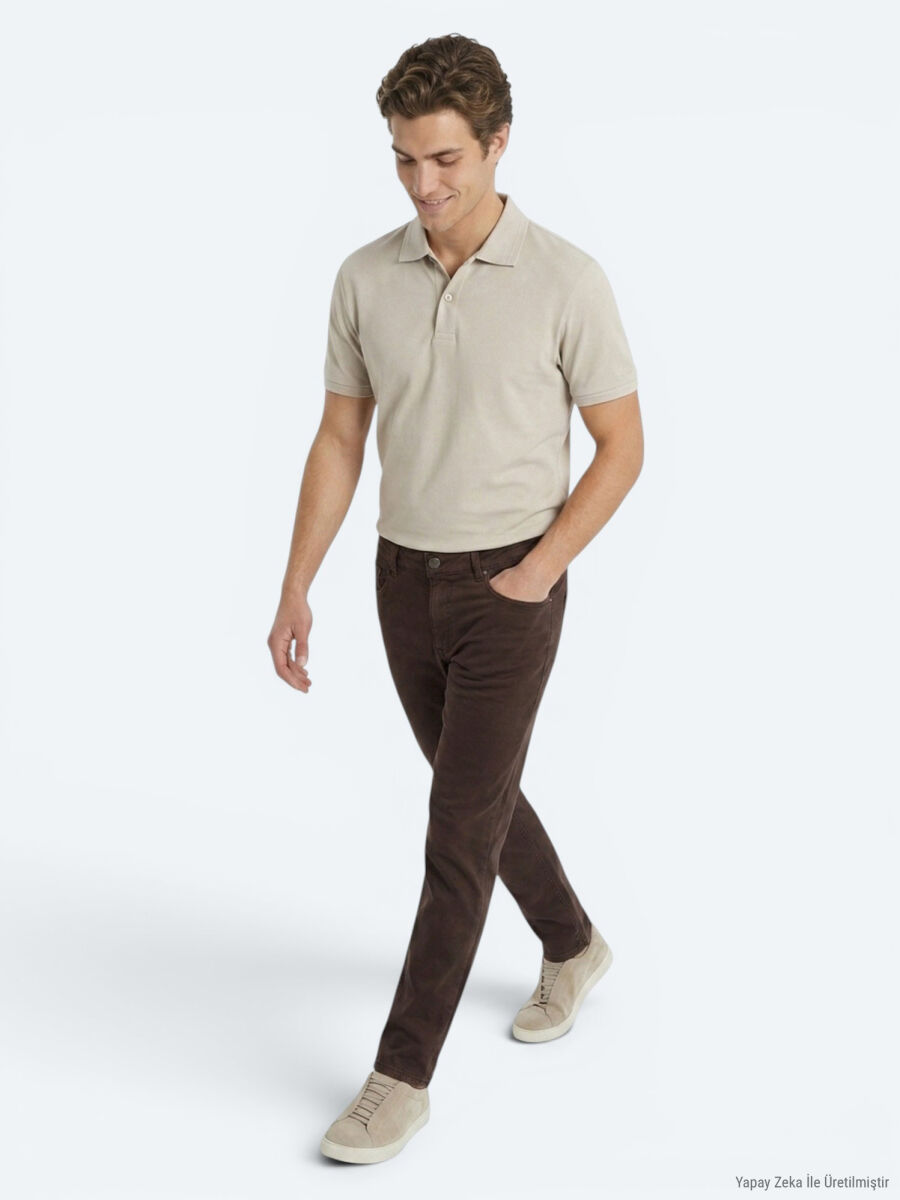 Kahverengi Dokuma Slim Fit Spor Pamuk Karışımlı Pantolon - 3