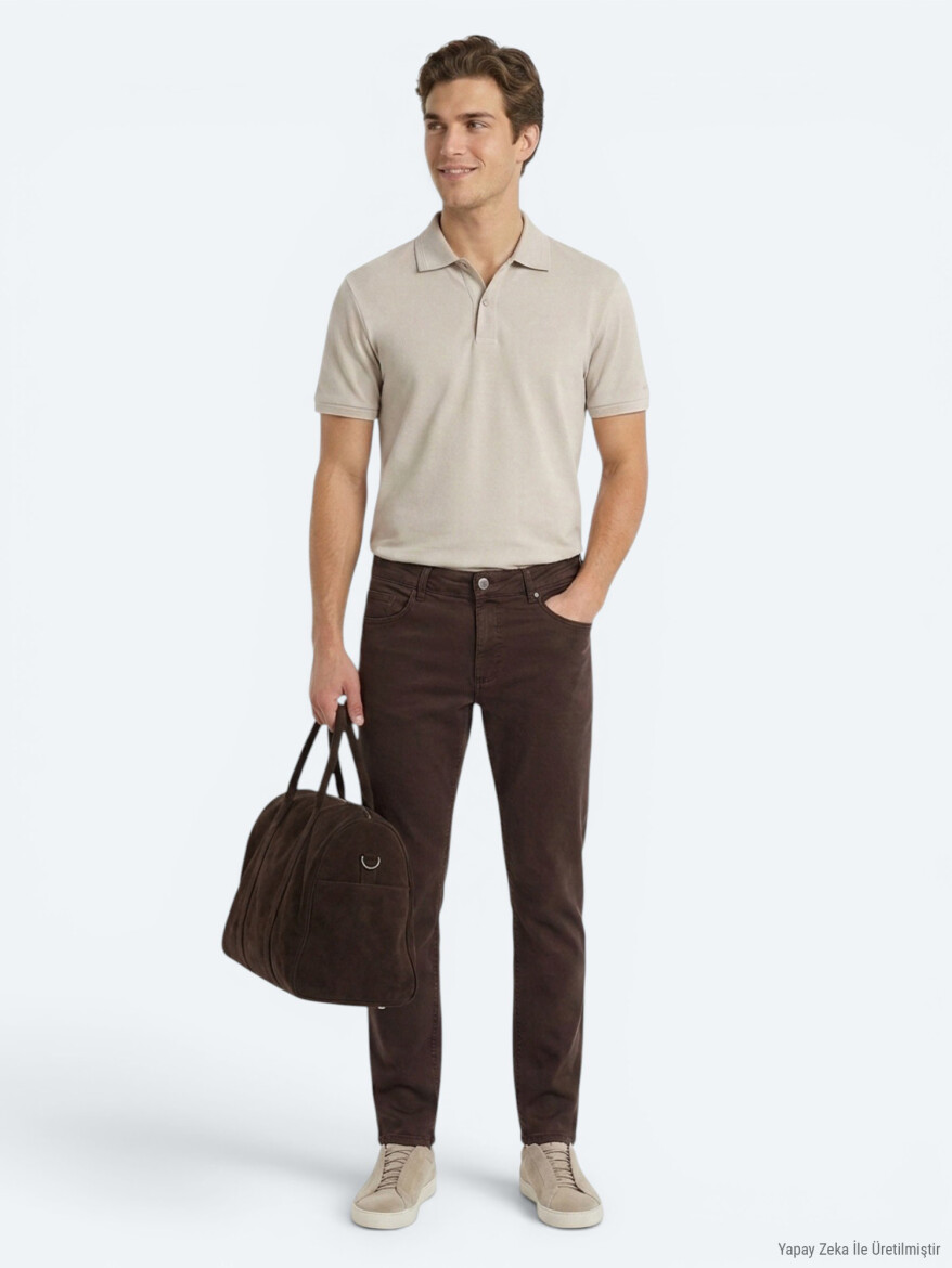 Kahverengi Dokuma Slim Fit Spor Pamuk Karışımlı Pantolon - 4