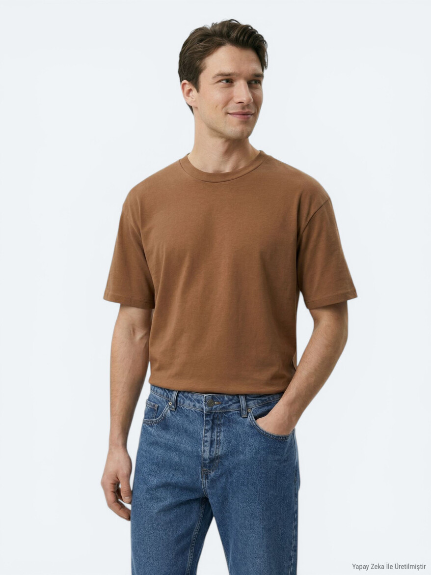 Kahverengi Düz %100 Pamuk T-Shirt - KİP