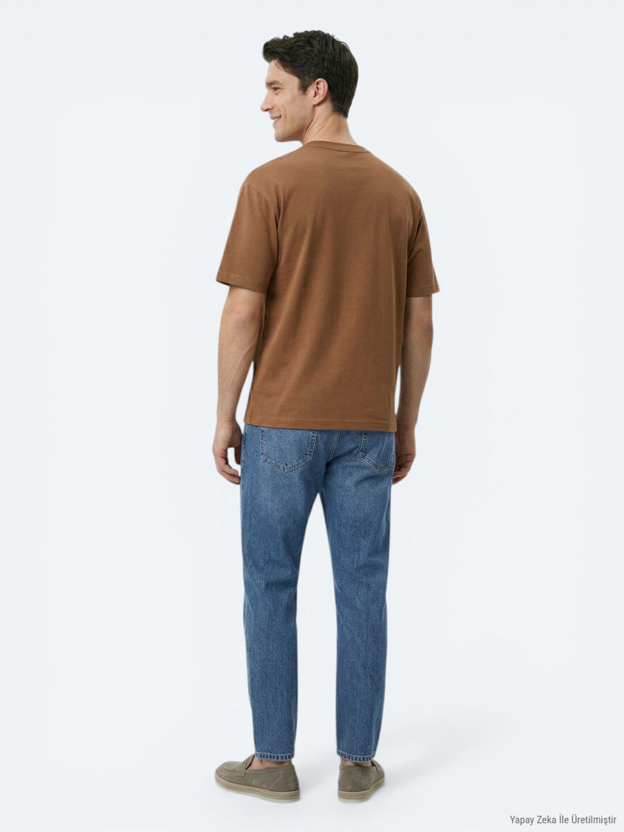 Kahverengi Düz %100 Pamuk T-Shirt - 5