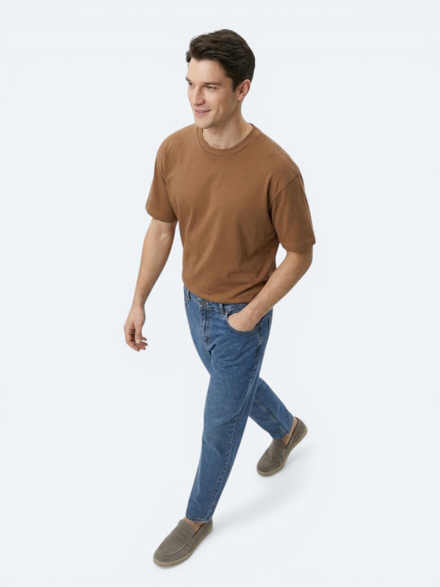 Kahverengi Düz %100 Pamuk T-Shirt - 4