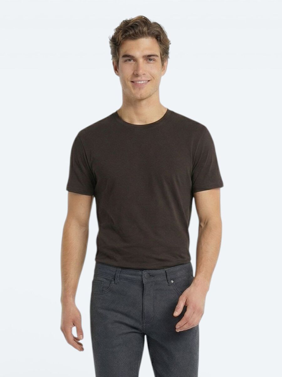 Kahverengi Düz %100 Pamuk T-Shirt - 1