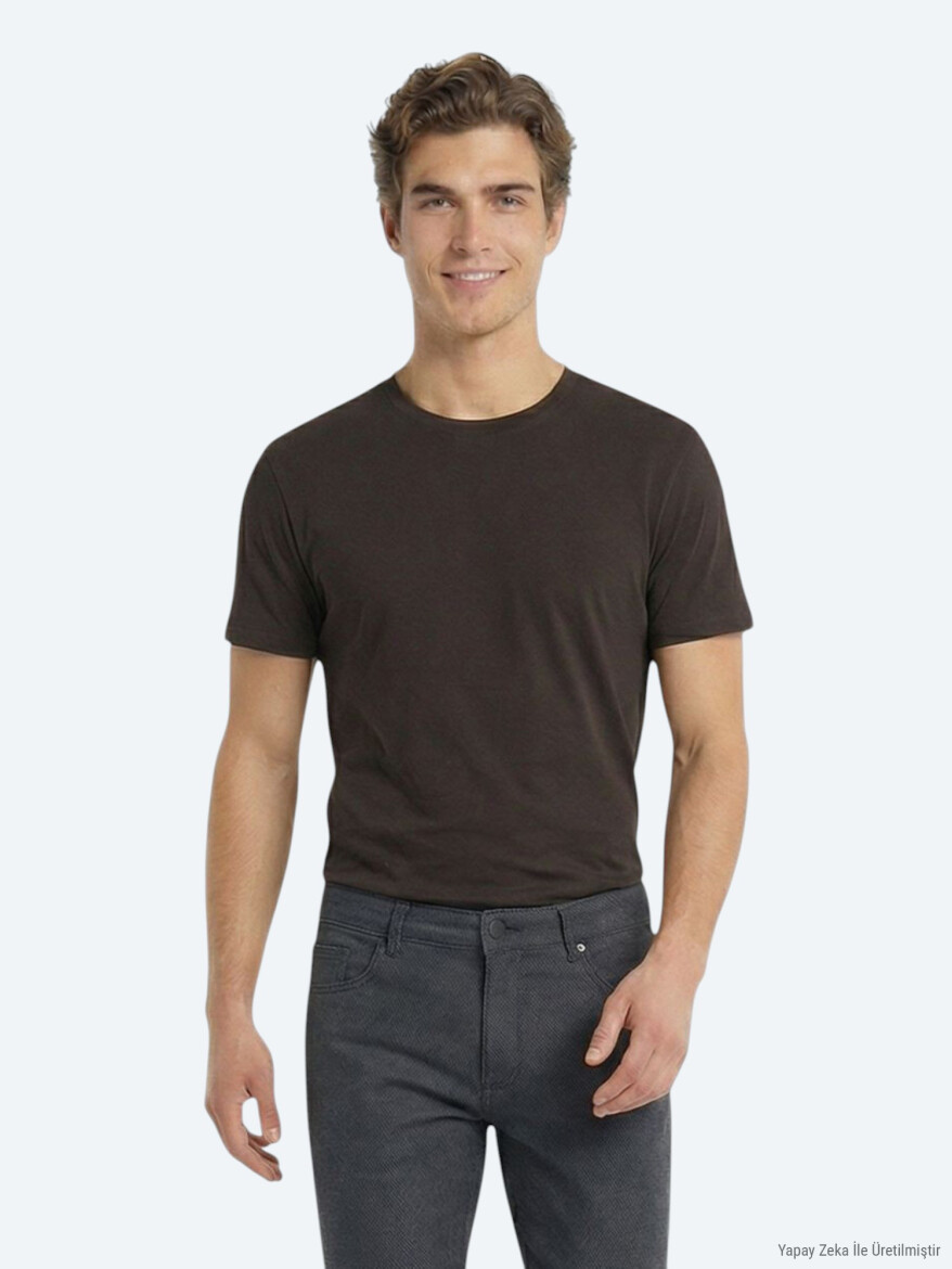 Kahverengi Düz %100 Pamuk T-Shirt - KİP