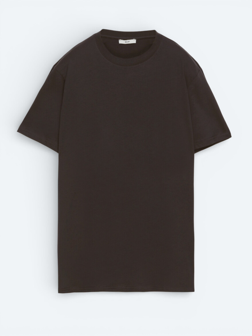 Kahverengi Düz %100 Pamuk T-Shirt - 4