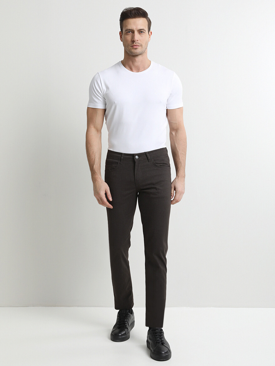 Kahverengi Düz Denim Regular Fit Casual Pamuk Karışımlı Pantolon - 1