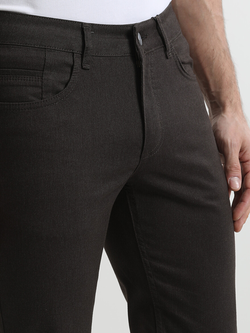 Kahverengi Düz Denim Regular Fit Casual Pamuk Karışımlı Pantolon - 2