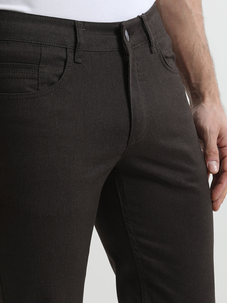 Kahverengi Düz Denim Regular Fit Casual Pamuk Karışımlı Pantolon - 2