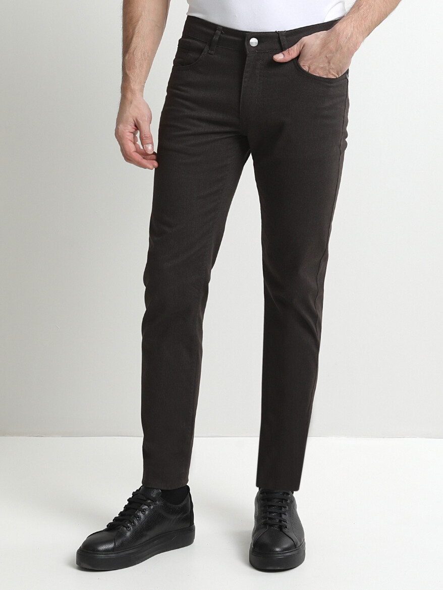 Kahverengi Düz Denim Regular Fit Casual Pamuk Karışımlı Pantolon - 3