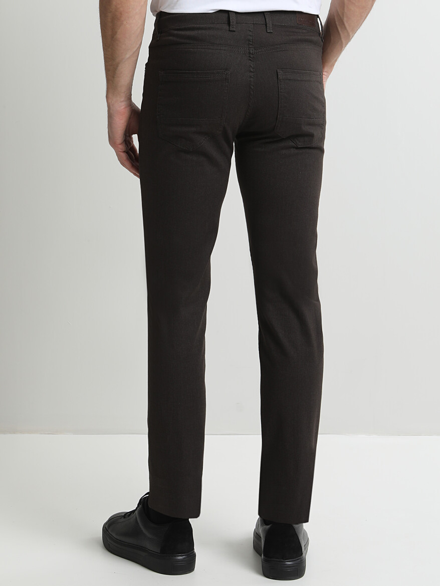 Kahverengi Düz Denim Regular Fit Casual Pamuk Karışımlı Pantolon - 4