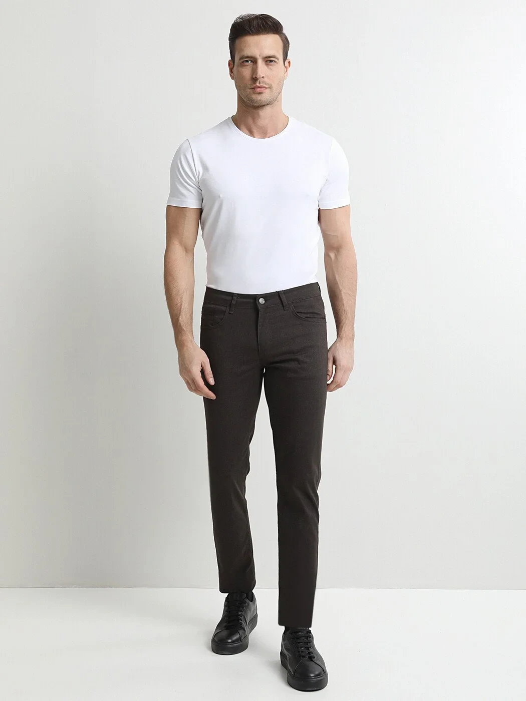 Kahverengi Düz Denim Regular Fit Casual Pamuk Karışımlı Pantolon - 1