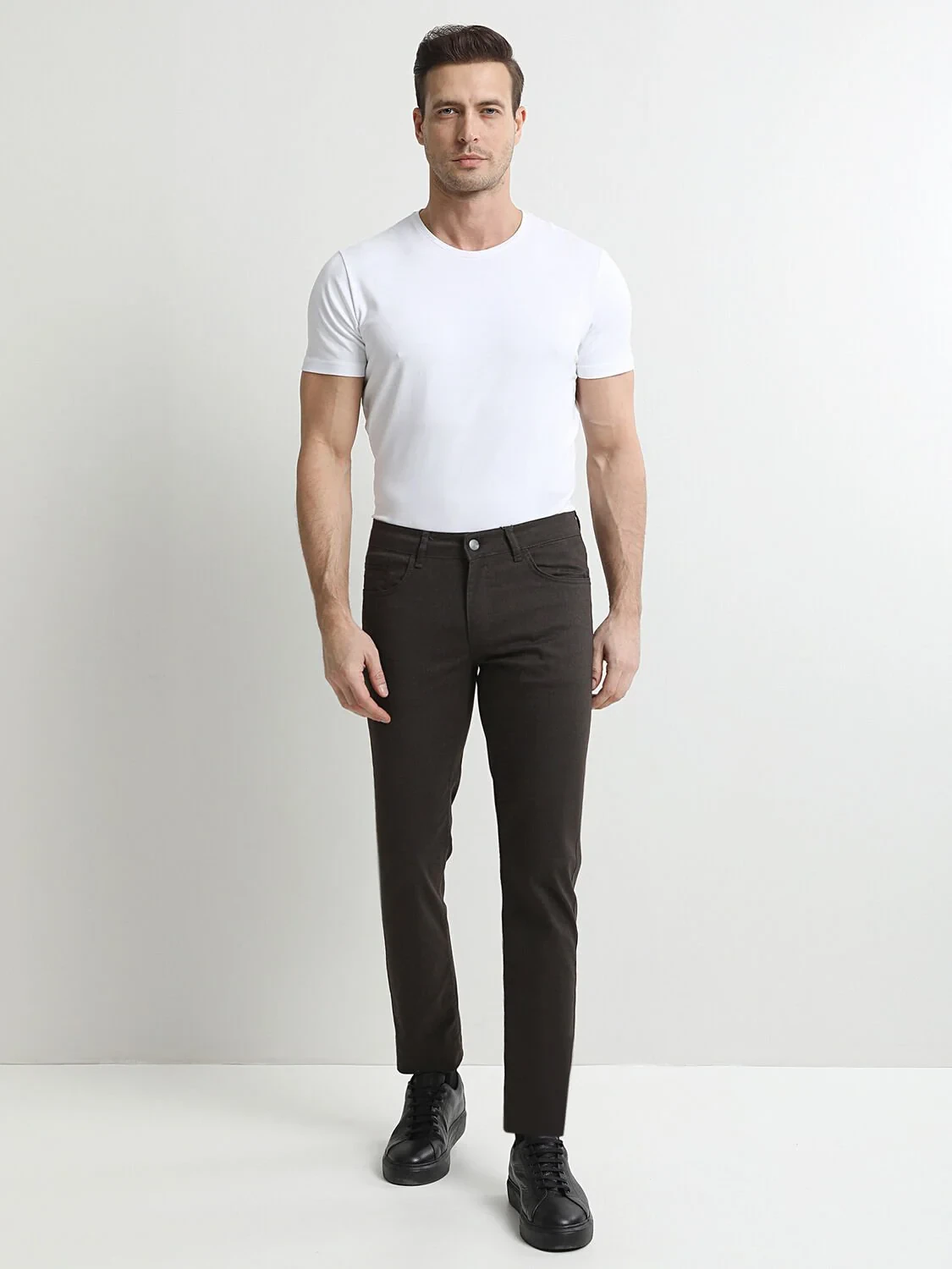 Kahverengi Düz Denim Regular Fit Casual Pamuk Karışımlı Pantolon - 1