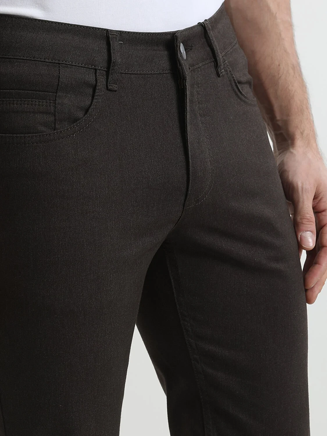 Kahverengi Düz Denim Regular Fit Casual Pamuk Karışımlı Pantolon - 2