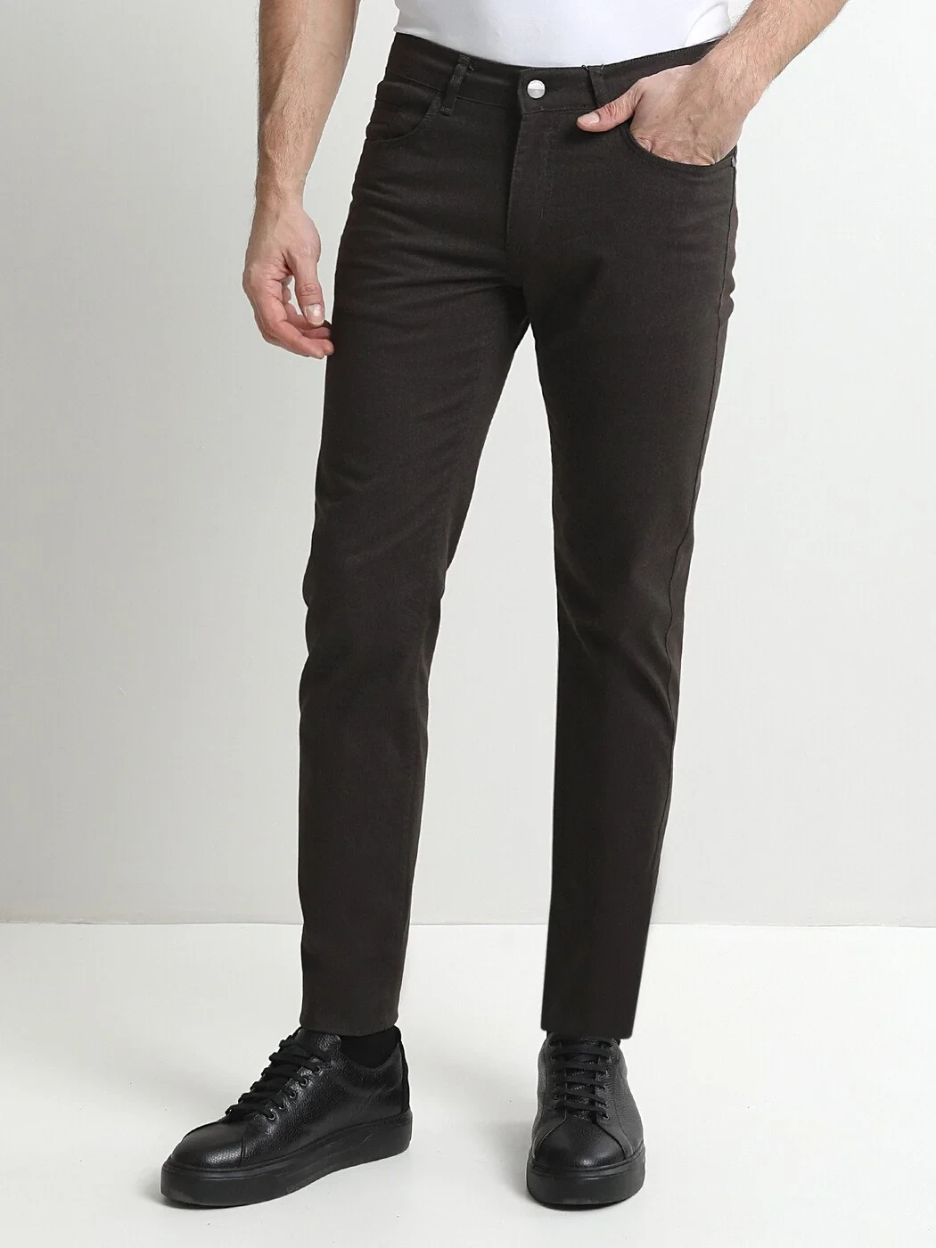 Kahverengi Düz Denim Regular Fit Casual Pamuk Karışımlı Pantolon - 3