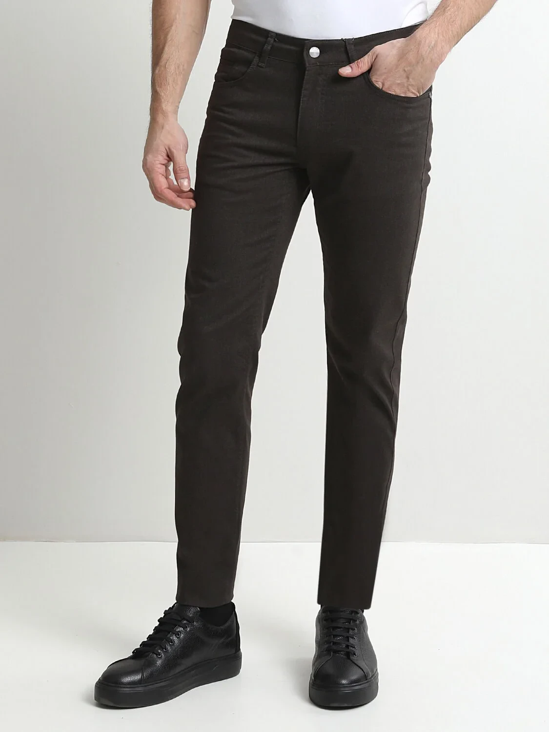 Kahverengi Düz Denim Regular Fit Casual Pamuk Karışımlı Pantolon - 3