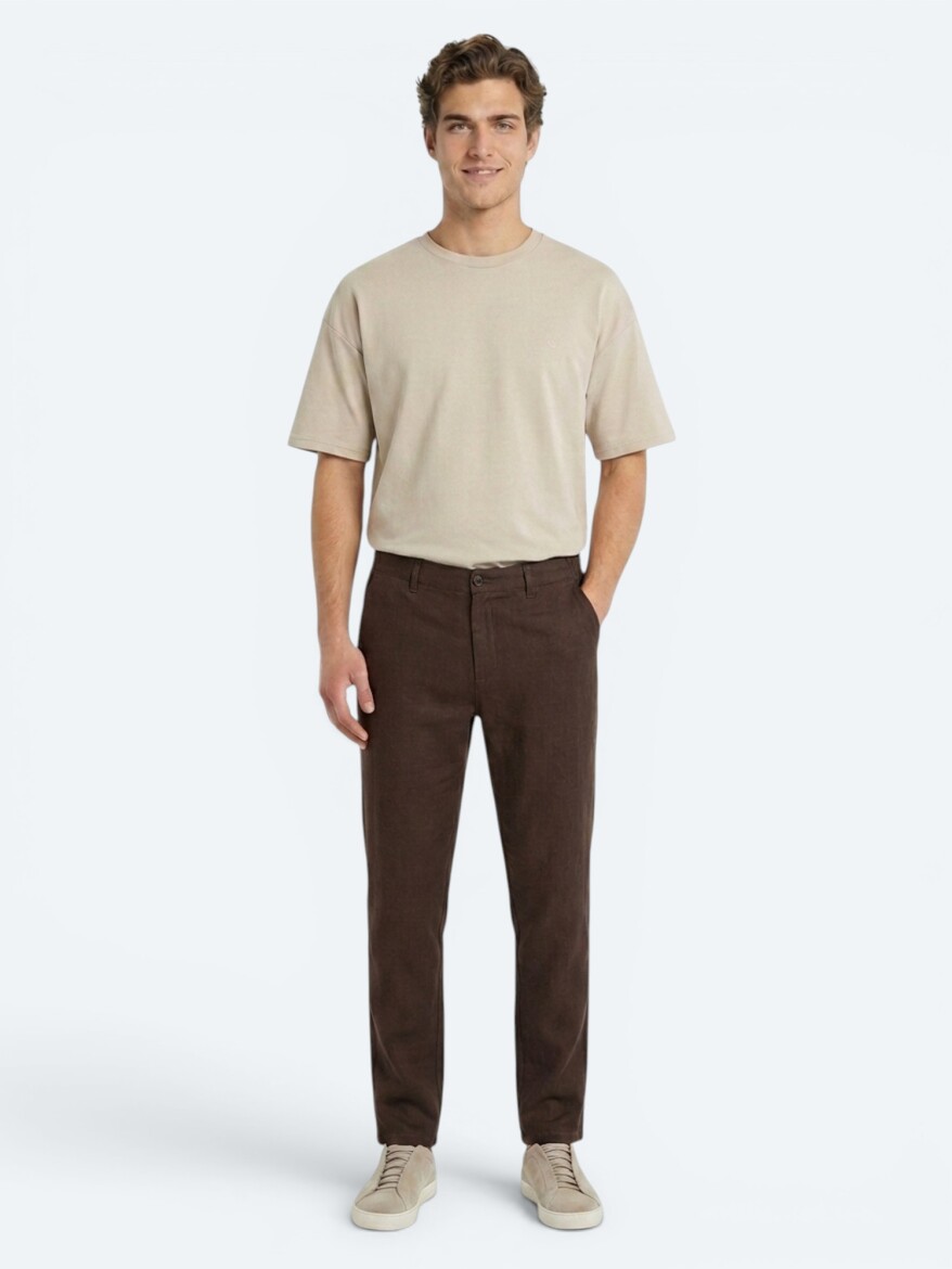 Kahverengi Düz Dokuma Jogging Fit Casual %100 Keten Pantolon - 3