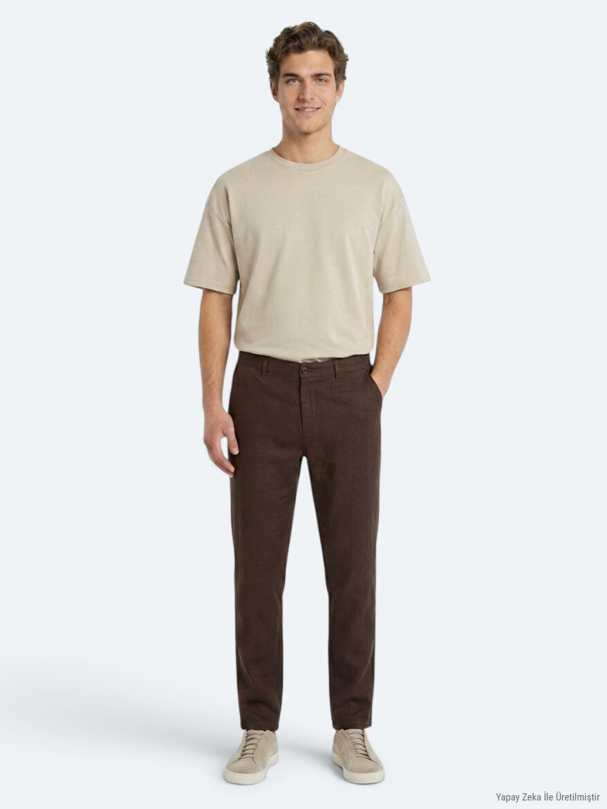 Kahverengi Düz Dokuma Jogging Fit Casual %100 Keten Pantolon - 3