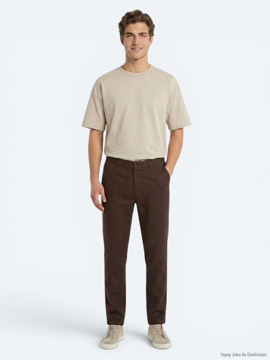 Kahverengi Düz Dokuma Jogging Fit Casual %100 Keten Pantolon - 3
