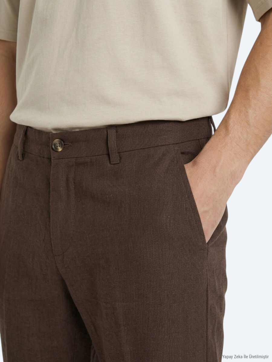 Kahverengi Düz Dokuma Jogging Fit Casual %100 Keten Pantolon - 4