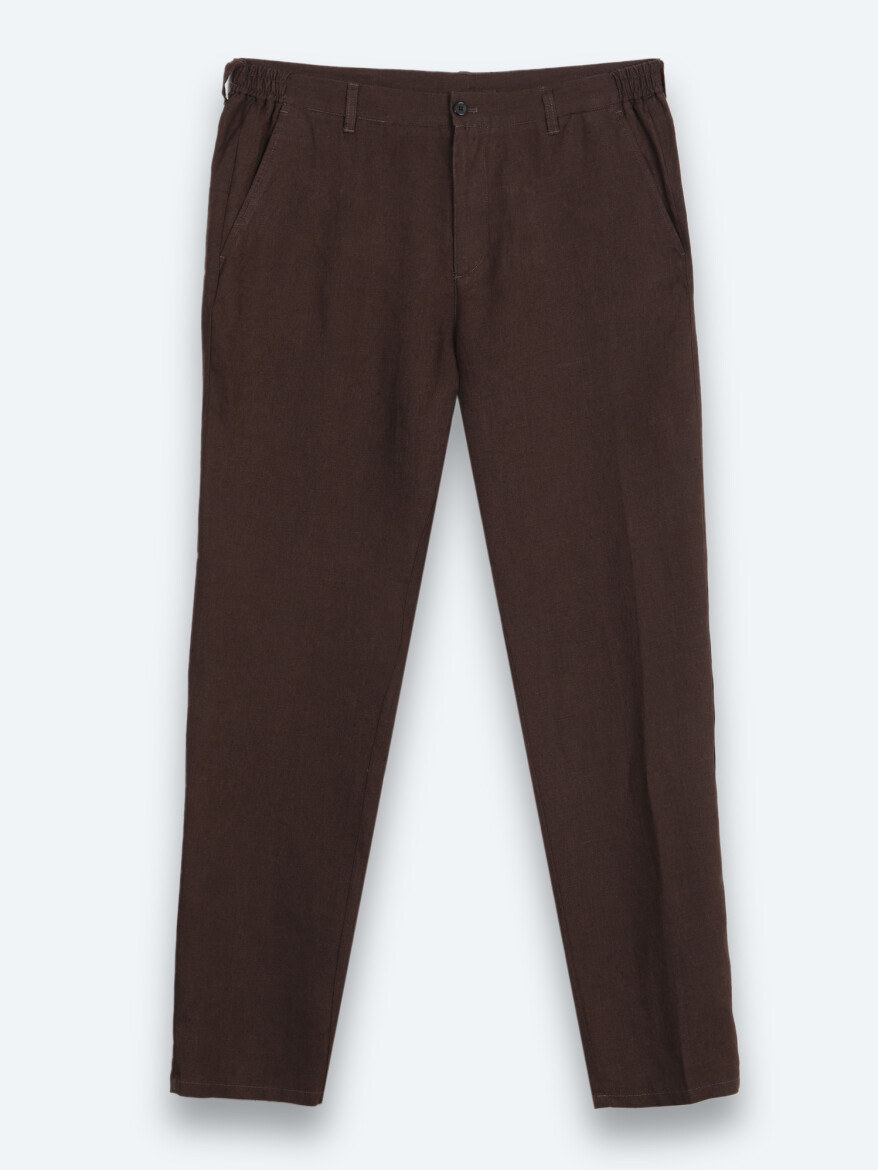 Kahverengi Düz Dokuma Jogging Fit Casual %100 Keten Pantolon - 6