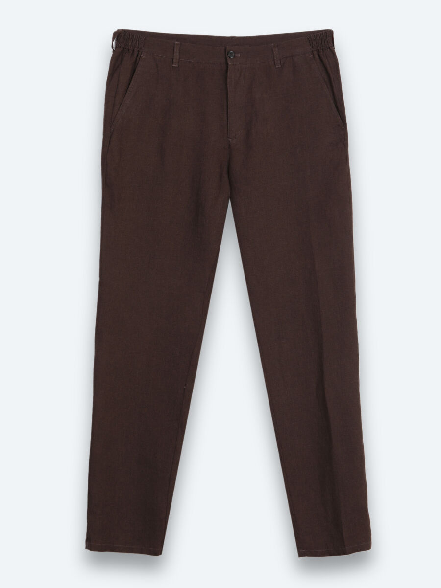 Kahverengi Düz Dokuma Jogging Fit Casual %100 Keten Pantolon - 6