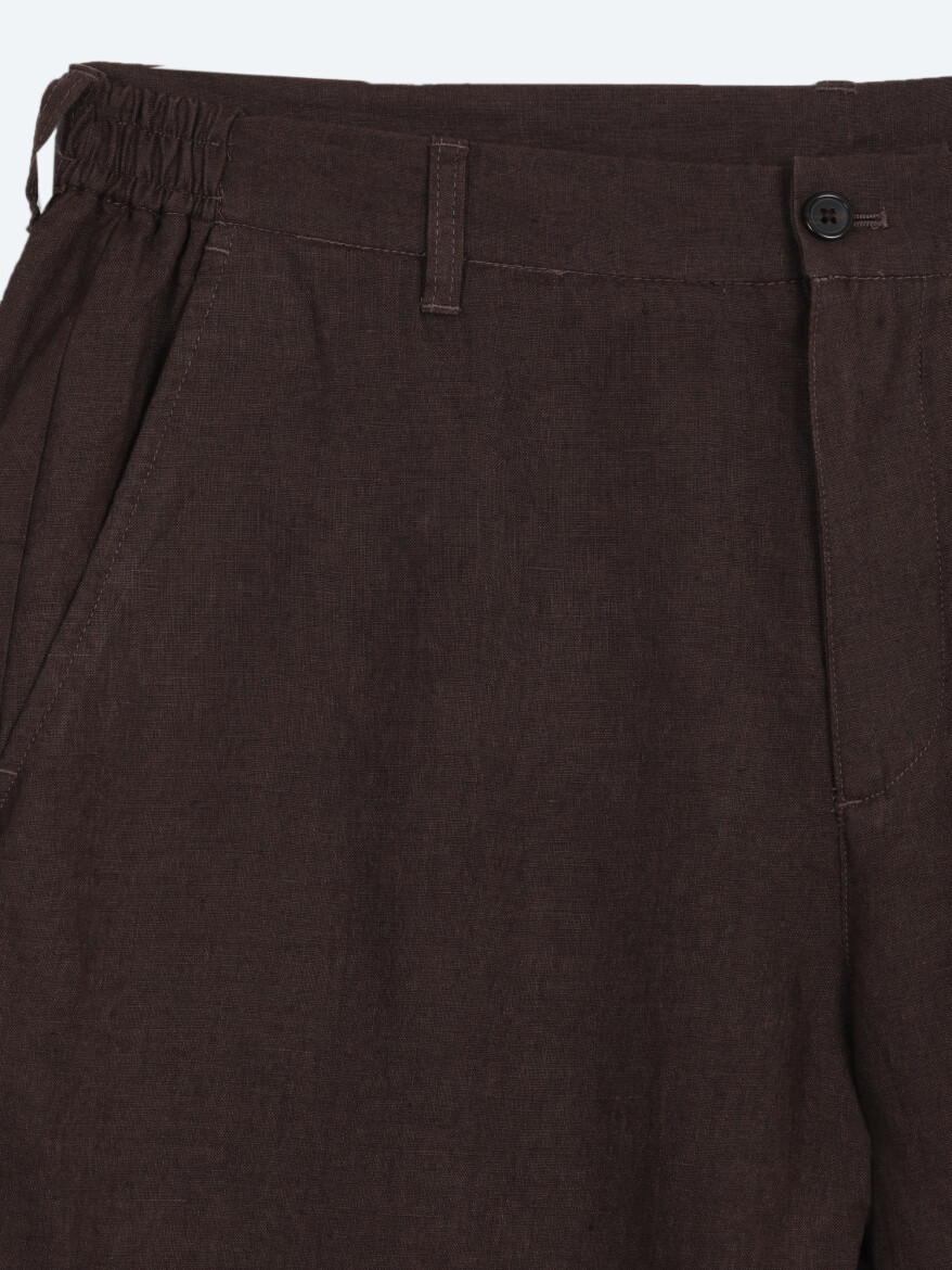Kahverengi Düz Dokuma Jogging Fit Casual %100 Keten Pantolon - 7