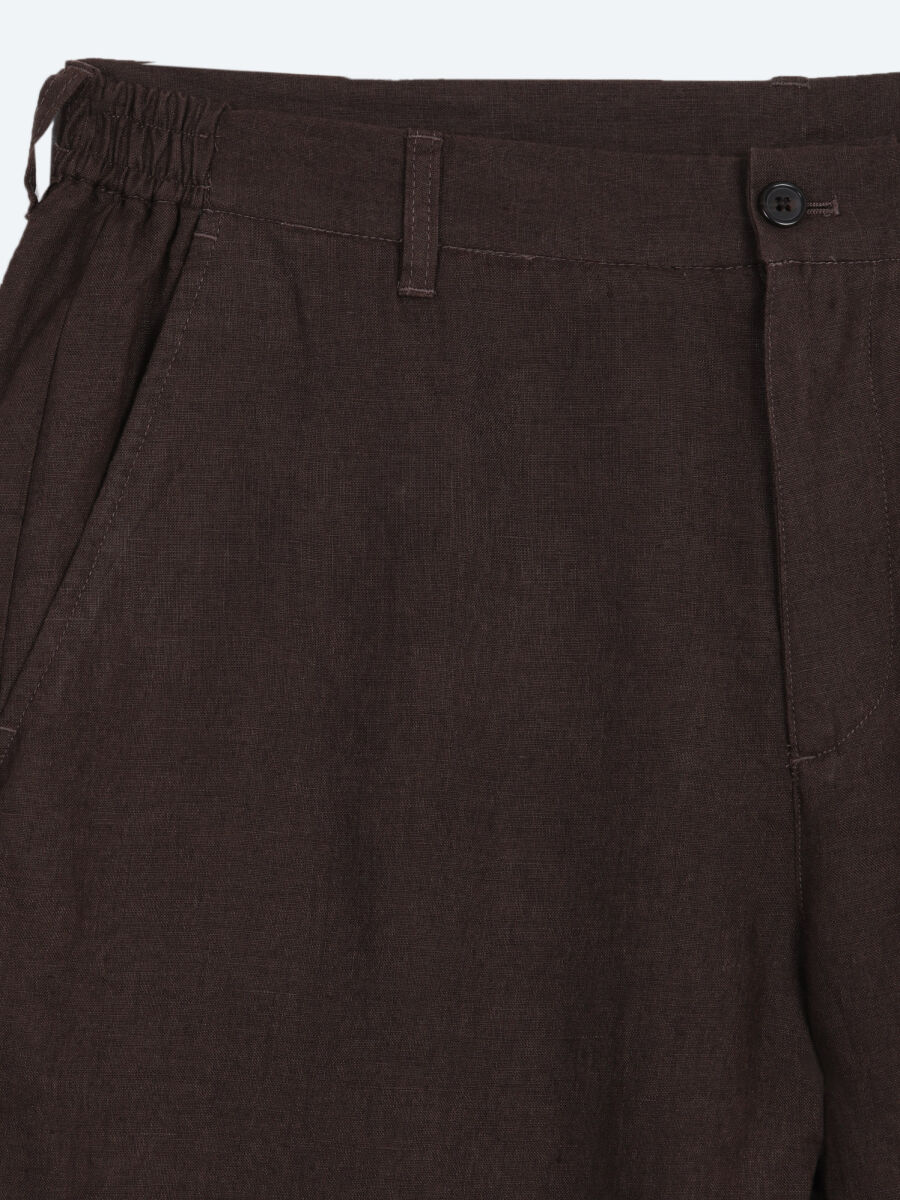 Kahverengi Düz Dokuma Jogging Fit Casual %100 Keten Pantolon - 7
