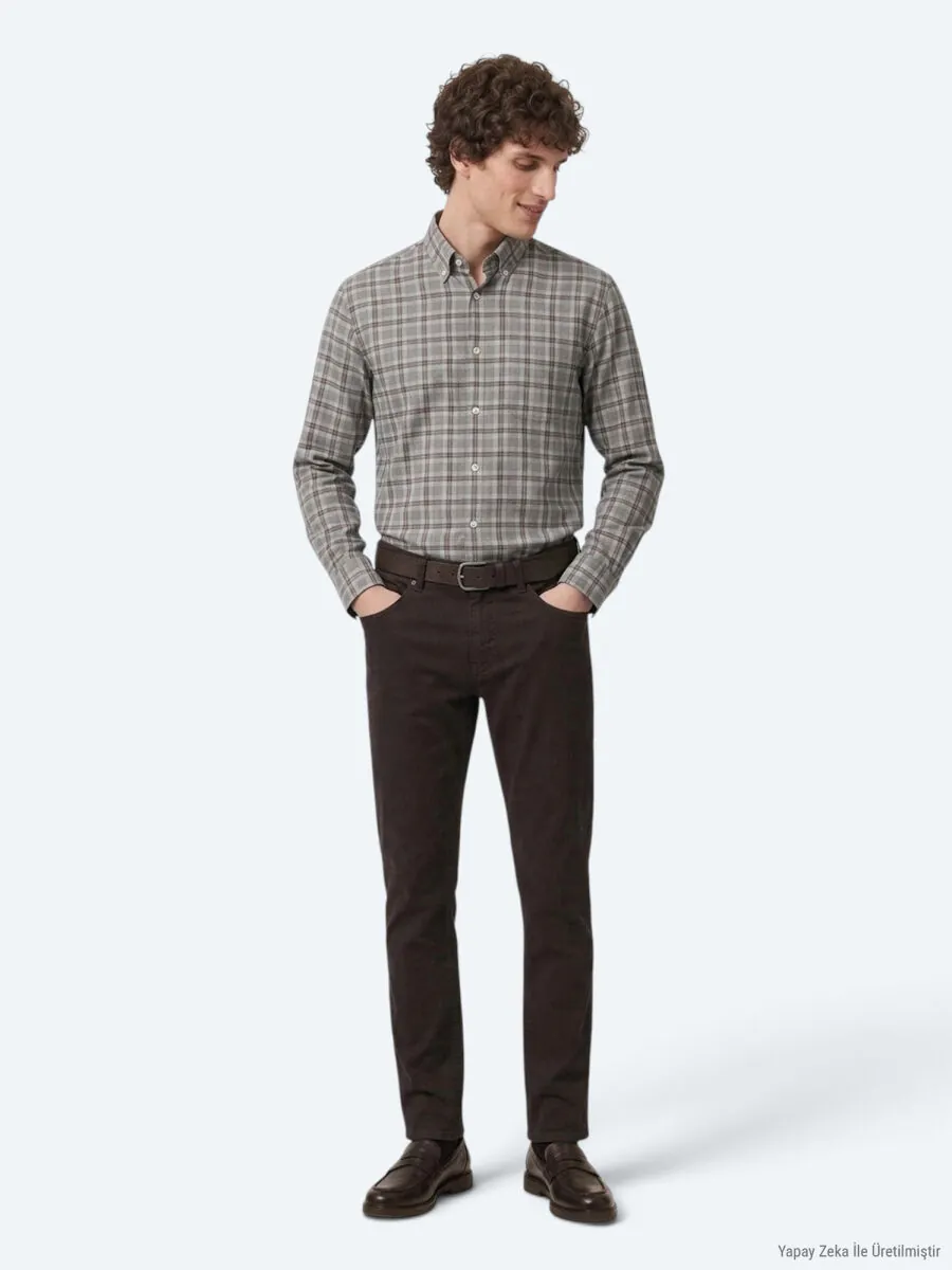 Kahverengi Düz Dokuma Slim Fit Spor Pamuk Karışımlı Pantolon - 1