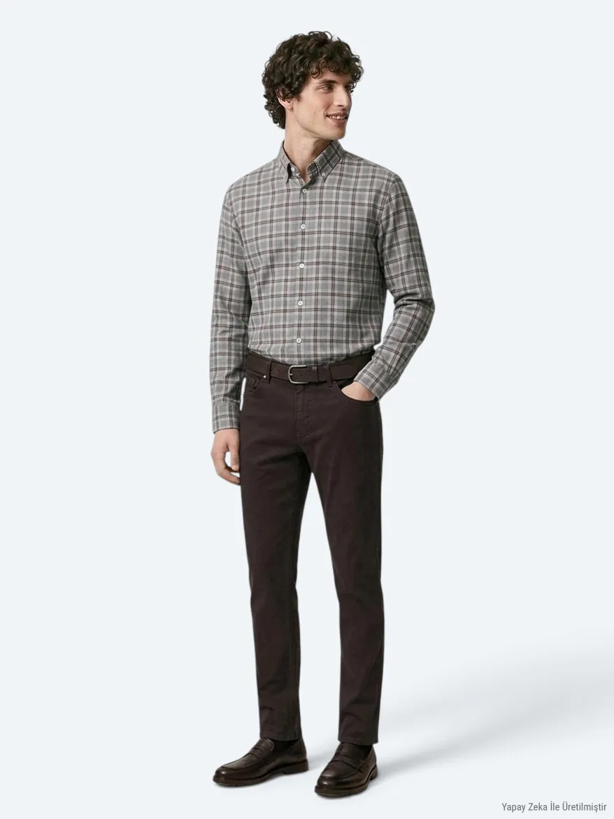 Kahverengi Düz Dokuma Slim Fit Spor Pamuk Karışımlı Pantolon - 3