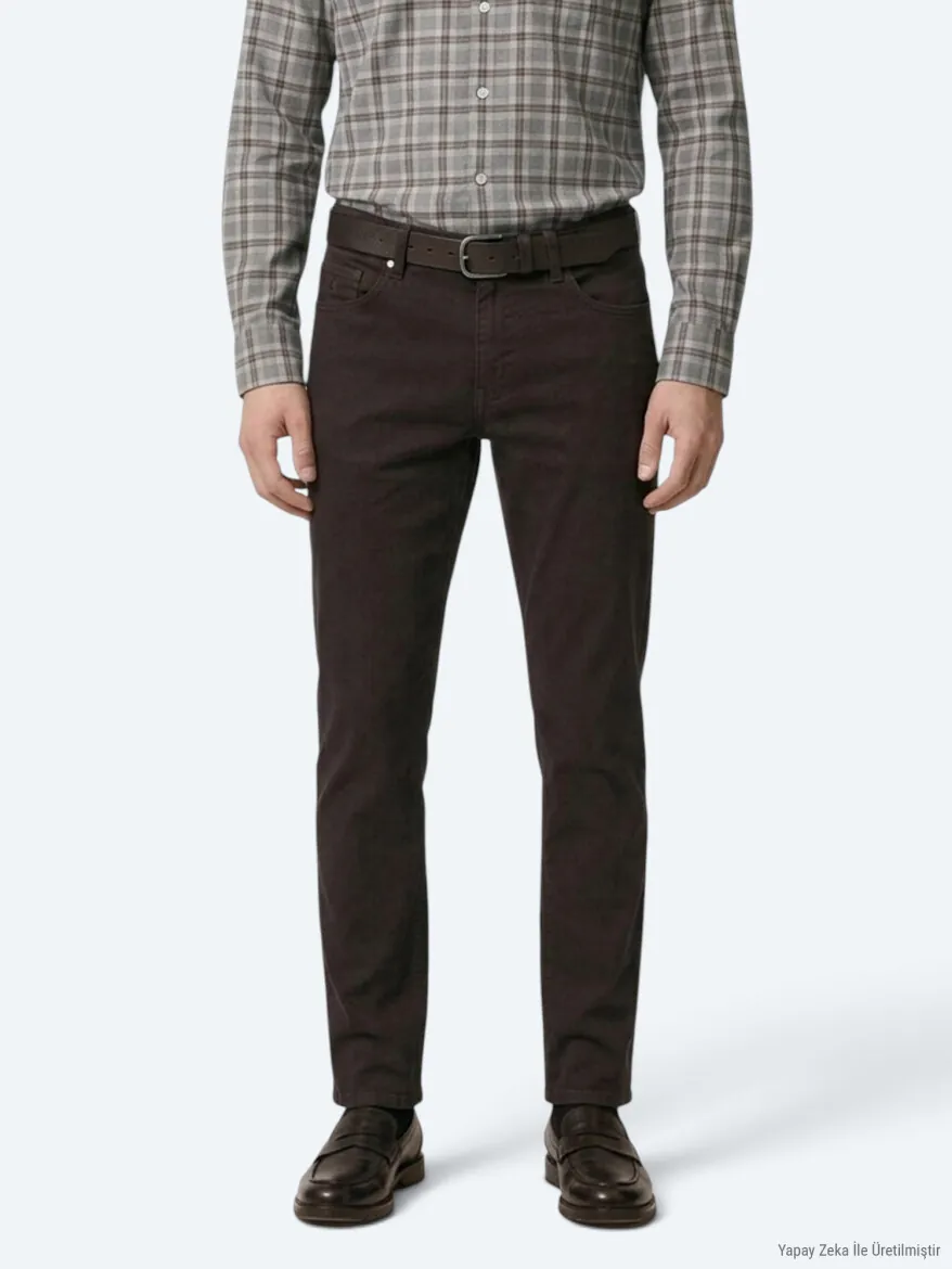 Kahverengi Düz Dokuma Slim Fit Spor Pamuk Karışımlı Pantolon - 4