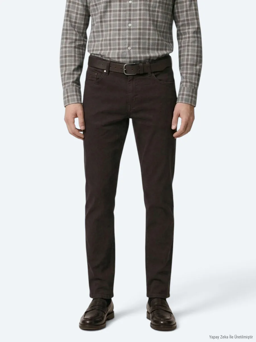 Kahverengi Düz Dokuma Slim Fit Spor Pamuk Karışımlı Pantolon - 4