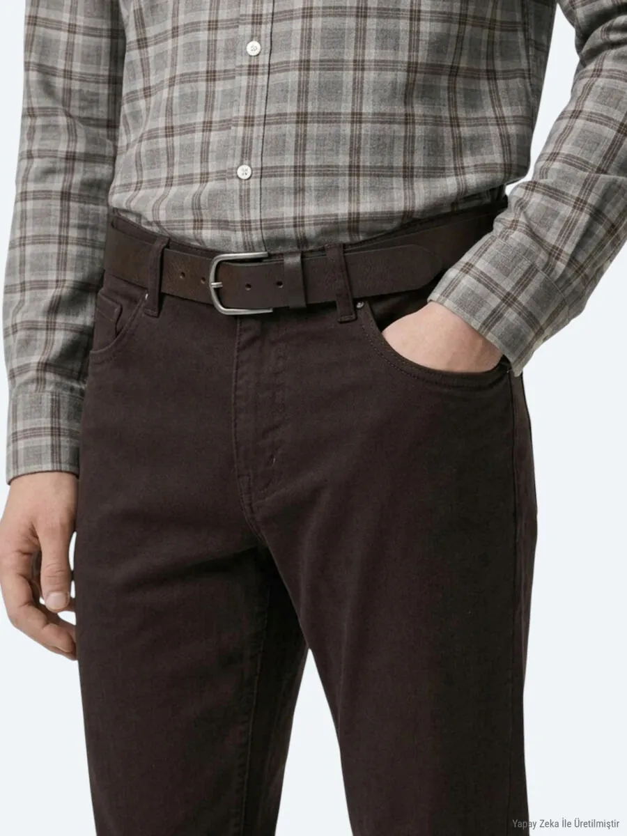 Kahverengi Düz Dokuma Slim Fit Spor Pamuk Karışımlı Pantolon - 5