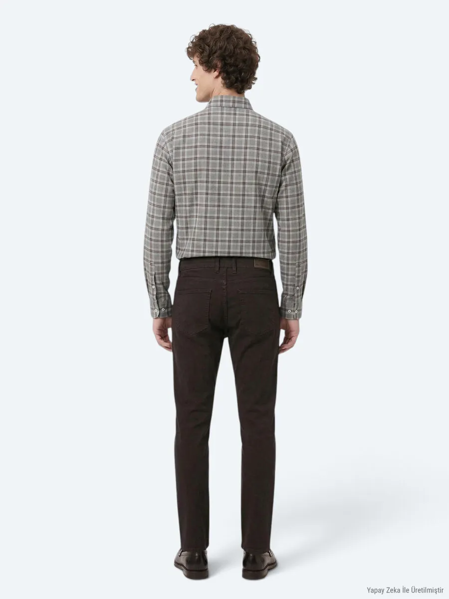 Kahverengi Düz Dokuma Slim Fit Spor Pamuk Karışımlı Pantolon - 6