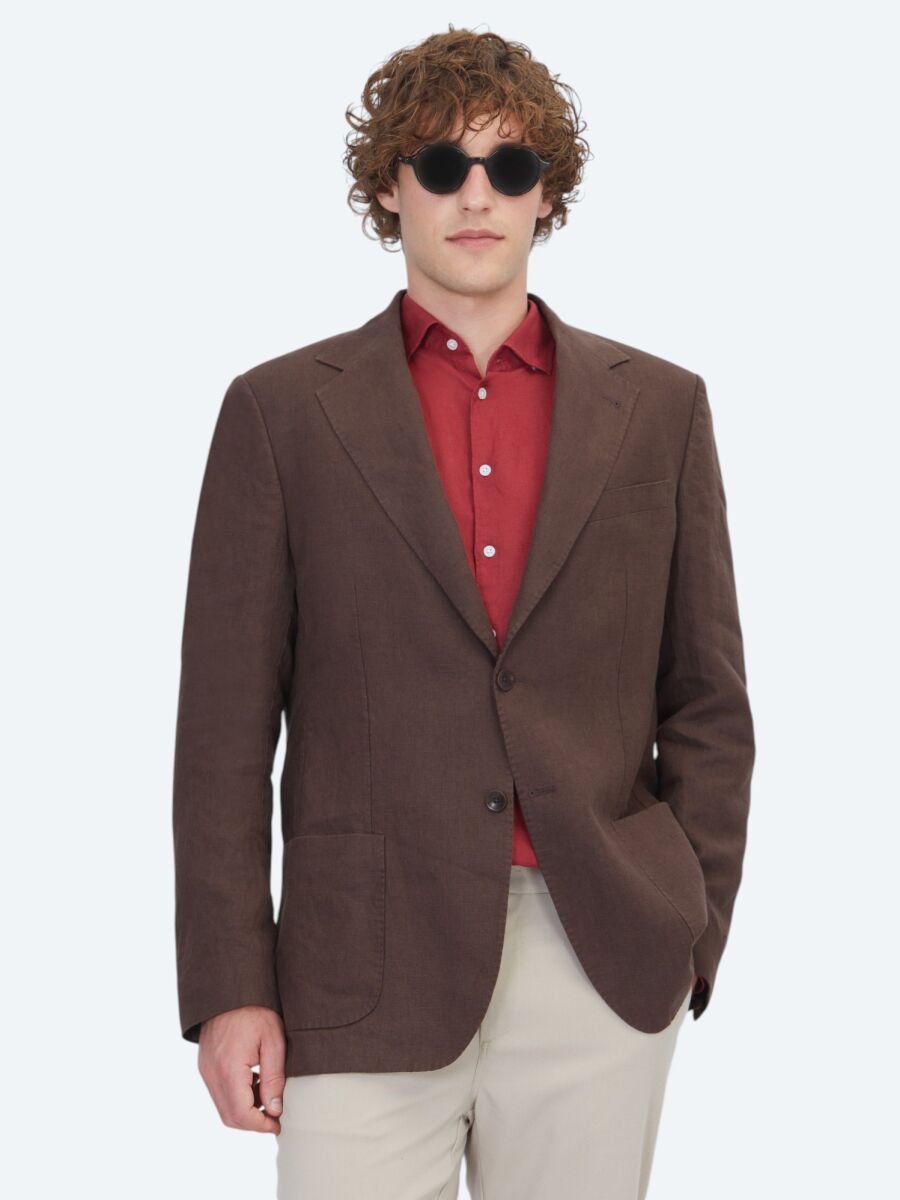 Kahverengi Düz Modern Fit %100 Keten Ceket - 1