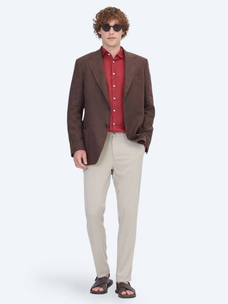 Kahverengi Düz Modern Fit %100 Keten Ceket - 2