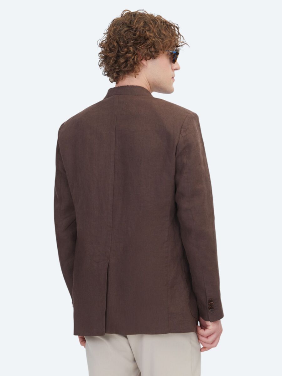 Kahverengi Düz Modern Fit %100 Keten Ceket - 5