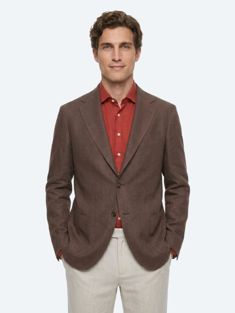 Kahverengi Düz Modern Fit %100 Keten Ceket - 1