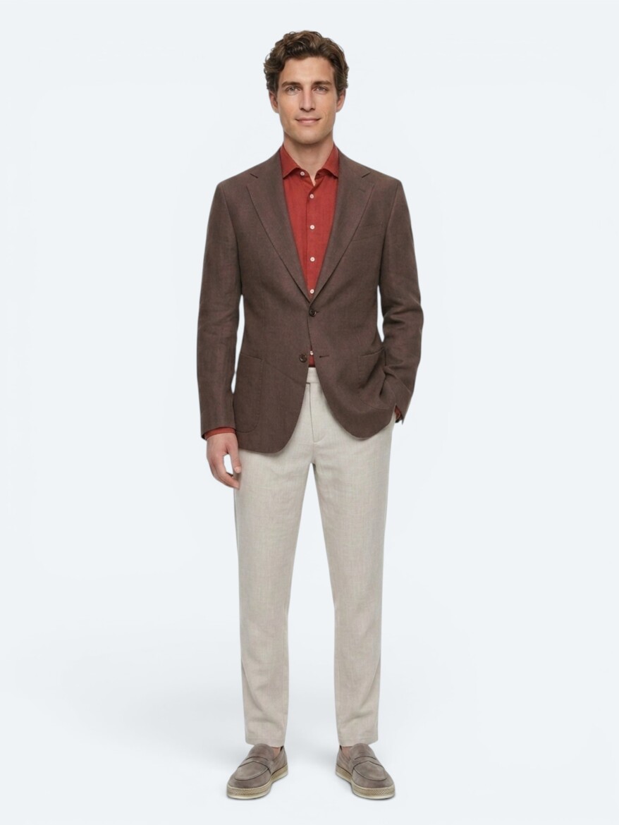 Kahverengi Düz Modern Fit %100 Keten Ceket - 4